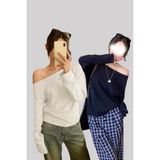 Tarz Cool Beyaz Lacivert 2 Li Paket Kadın Düşük Omuz Kayık Yaka Oversize Uzun Kollu T-Shirt