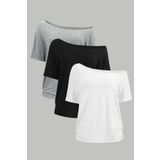Tarz Cool Beyaz Siyah Gri 3lü paket Kadın Düşük Omuz Kayık Yaka Oversize T-Shirt