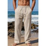 Tarz Cool Erkek %100 Keten Rahat Kalıp Beli Lastikli Yazlık Keten Pantolon Cepli Günlük Casual Plaj Pantolonu - Bej