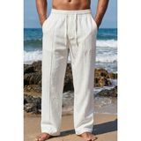 Tarz Cool Erkek %100 Keten Rahat Kalıp Beli Lastikli Yazlık Keten Pantolon Cepli Günlük Casual Plaj Pantolonu - Beyaz