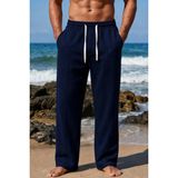 Tarz Cool Erkek %100 Keten Rahat Kalıp Beli Lastikli Yazlık Keten Pantolon Cepli Günlük Casual Plaj Pantolonu - Lacivert - M