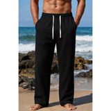 Tarz Cool Erkek %100 Keten Rahat Kalıp Beli Lastikli Yazlık Keten Pantolon Cepli Günlük Casual Plaj Pantolonu - Siyah - M