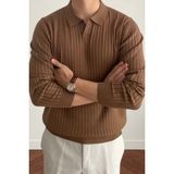 Tarz Cool Erkek Bej Slim Fit Uzun Kollu Polo Yaka Triko Kazak - Kahverengi
