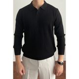 Tarz Cool Erkek Bej Slim Fit Uzun Kollu Polo Yaka Triko Kazak - Siyah
