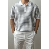 Tarz Cool Erkek Beyaz Çizgili Düğmeli Regular Fit Triko T-Shirt