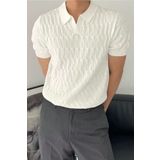 Tarz Cool Erkek Beyaz Ince Saç Örgülü Slim Fit Polo Yaka Triko T-Shirt