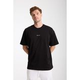 Tarz Cool Erkek Beyaz Milano Nakış Yazılı Oversize Bisiklet Yaka T-Shirt - Siyah