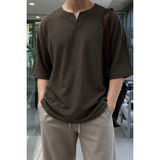 Tarz Cool Erkek Beyaz Oversize %100 Keten V Yaka Kısa Kollu Tişört – Rahat Kalıp Yazlık Keten T-Shirt - Kahverengi