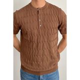 Tarz Cool Erkek Bordo Hakim Yaka Düğmeli Slim Fit Triko T-Shirt - Kahverengi