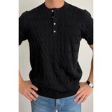Tarz Cool Erkek Bordo Hakim Yaka Düğmeli Slim Fit Triko T-Shirt - Siyah