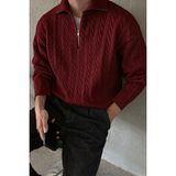 Tarz Cool Erkek Bordo Yarım Fermuarlı Saç Örgü Triko Kazak