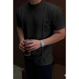 Tarz Cool Erkek Çizgi Detaylı Slim Fit Tişört Bisiklet Yaka Casual Pamuklu T-Shirt - Siyah