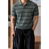 Tarz Cool Erkek Çizgili Polo Yaka Viskon Triko Tişört – Slim Fit Yazlık Şık Triko Polo - Haki