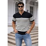 Tarz Cool Erkek Çizgili Triko Polo Yaka Slim Fit T-Shirt - Siyah - XL