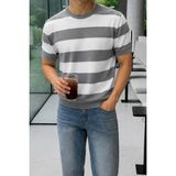 Tarz Cool Erkek Çizgili Triko Tişört Bisiklet Yaka Slim Fit Yazlık Ince Dokulu - Gri