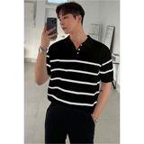 Tarz Cool Erkek Düğmeli Polo Yaka Çizgi Detaylı Slim Fit Triko T-Shirt - Siyah