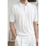 Tarz Cool Erkek Düğmeli Polo Yaka Tişört Kısa Kollu Fitilli Pamuklu Triko - Beyaz - XL