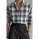 Tarz Cool Erkek Ekose Gömlek Slim Fit Pamuklu Uzun Kollu Günlük Şık Gömlek - Haki