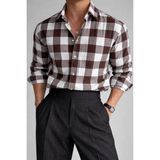 Tarz Cool Erkek Ekose Gömlek Slim Fit Pamuklu Uzun Kollu Günlük Şık Gömlek - Kahverengi