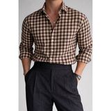 Tarz Cool Erkek Ekose Gömlek Slim Fit Pamuklu Uzun Kollu Günlük Şık Gömlek - Krem