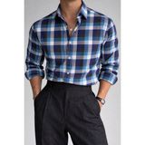 Tarz Cool Erkek Ekose Gömlek Slim Fit Pamuklu Uzun Kollu Günlük Şık Gömlek - Lacivert - XL