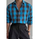 Tarz Cool Erkek Ekose Gömlek Slim Fit Pamuklu Uzun Kollu Günlük Şık Gömlek - Turkuaz - 2XL