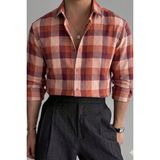 Tarz Cool Erkek Ekose Gömlek Slim Fit Pamuklu Uzun Kollu Günlük Şık Gömlek - Turuncu - 2XL