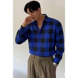 Tarz Cool Erkek Ekose-Kareli Gömlek Slim Fit Pamuk Karışımlı Klasik Tarz Uzun Kollu Gömlek - Lacivert
