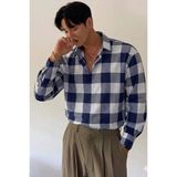 Tarz Cool Erkek Ekose-Kareli Gömlek Slim Fit Pamuk Karışımlı Klasik Tarz Uzun Kollu Gömlek - Mavi