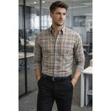 Tarz Cool Erkek Ekose Slim Fit Gömlek Uzun Kollu Pamuklu Günlük & Casual Şık Gömlek - Bej