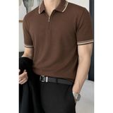 Tarz Cool Erkek Fermuar Yaka Triko Polo Tişört – Slim Fit Pamuklu Yazlık Triko - Kahverengi