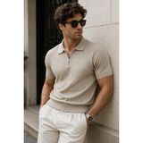 Tarz Cool Erkek Fermuarlı Polo Yaka Triko Tişört Slim Fit Dokulu Yazlık Şık Casual - Bej