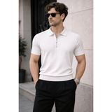 Tarz Cool Erkek Fermuarlı Polo Yaka Triko Tişört Slim Fit Dokulu Yazlık Şık Casual - Beyaz