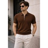 Tarz Cool Erkek Fermuarlı Polo Yaka Triko Tişört Slim Fit Dokulu Yazlık Şık Casual - Kahverengi
