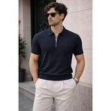 Tarz Cool Erkek Fermuarlı Polo Yaka Triko Tişört Slim Fit Dokulu Yazlık Şık Casual - Lacivert - XL