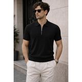Tarz Cool Erkek Fermuarlı Polo Yaka Triko Tişört Slim Fit Dokulu Yazlık Şık Casual - Siyah - XL