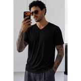 Tarz Cool Erkek Flamlı Pamuklu V Yaka Basic Slim Fit Tişört Yazlık Günlük Şık Tişört - Siyah