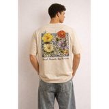 Tarz Cool Erkek Floral Baskılı Tişört – Oversize Fit, Sırt Desenli “small Moments Big Memories” - Bej