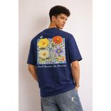 Tarz Cool Erkek Floral Baskılı Tişört – Oversize Fit, Sırt Desenli “small Moments Big Memories” - Lacivert