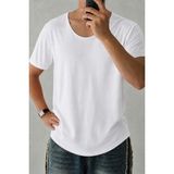 Tarz Cool Erkek Geniş Yaka Oval Etek %100 Pamuk Süprem Kumaş Kısa Kollu Basic Tişört - Beyaz