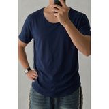 Tarz Cool Erkek Geniş Yaka Oval Etek %100 Pamuk Süprem Kumaş Kısa Kollu Basic Tişört - XL - Lacivert
