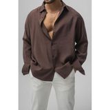 Tarz Cool Erkek Haki Düz Keten Oversize Gömlek - Kahverengi - XL