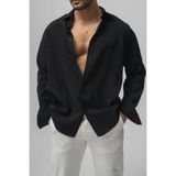 Tarz Cool Erkek Haki Düz Keten Oversize Gömlek - Siyah - XL