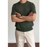 Tarz Cool Erkek Haki Fitilli Slim Fit Bisiklet Yaka Triko T-Shirt