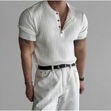 Tarz Cool Erkek Hakim Yaka Düğmeli Triko T-Shirt - Beyaz