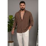 Tarz Cool Erkek Iki Çizgili Regular Relaxed Fit Uzun Kollu Gömlek - Kahverengi - S