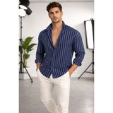Tarz Cool Erkek Iki Çizgili Regular Relaxed Fit Uzun Kollu Gömlek - Lacivert - S