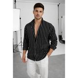 Tarz Cool Erkek Iki Çizgili Regular Relaxed Fit Uzun Kollu Gömlek - Siyah