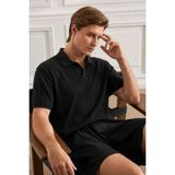 Tarz Cool Erkek Jakar Desenli Düğmesiz Polo Yaka Tişört Slim Fit Yazlık Triko Tişört - Siyah