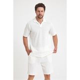Tarz Cool Erkek Jakarlı Baklava Desenli %100 Pamuk Polo Yaka T-Shirt - Beyaz - XL